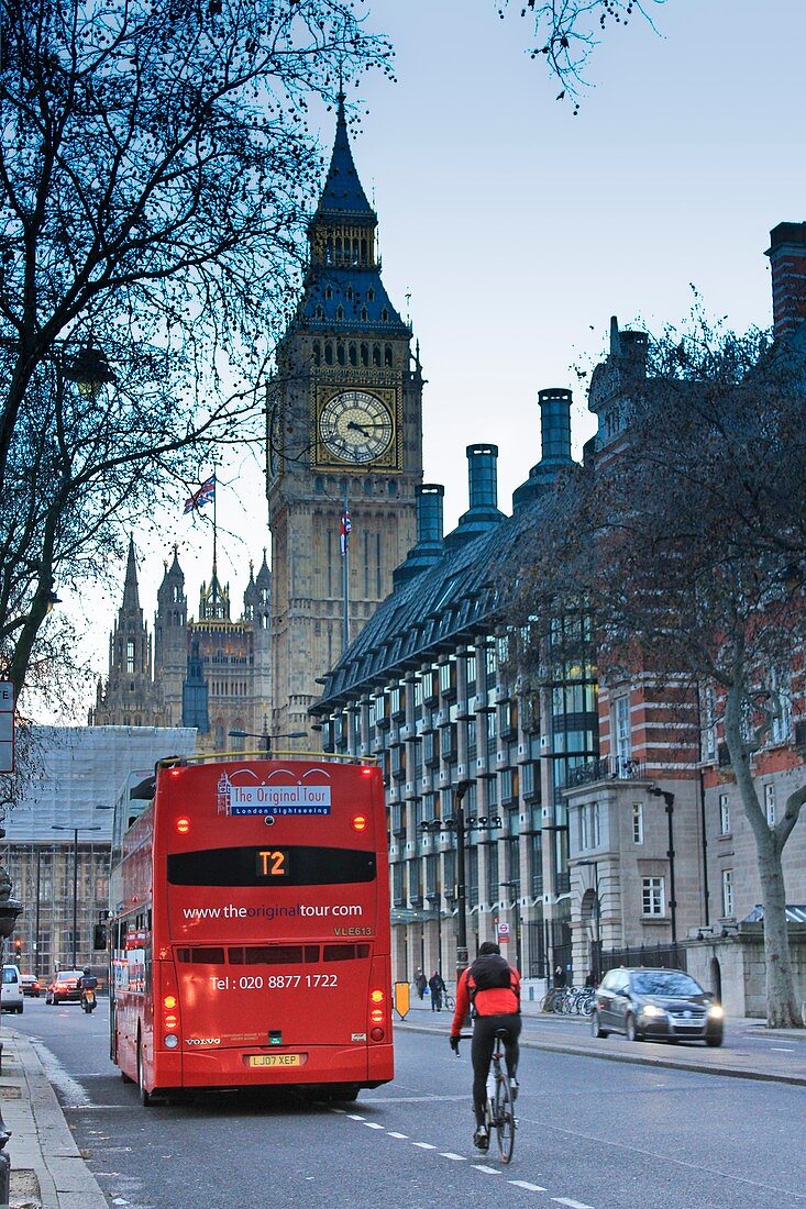 Big Ben and red bus UK, England, London