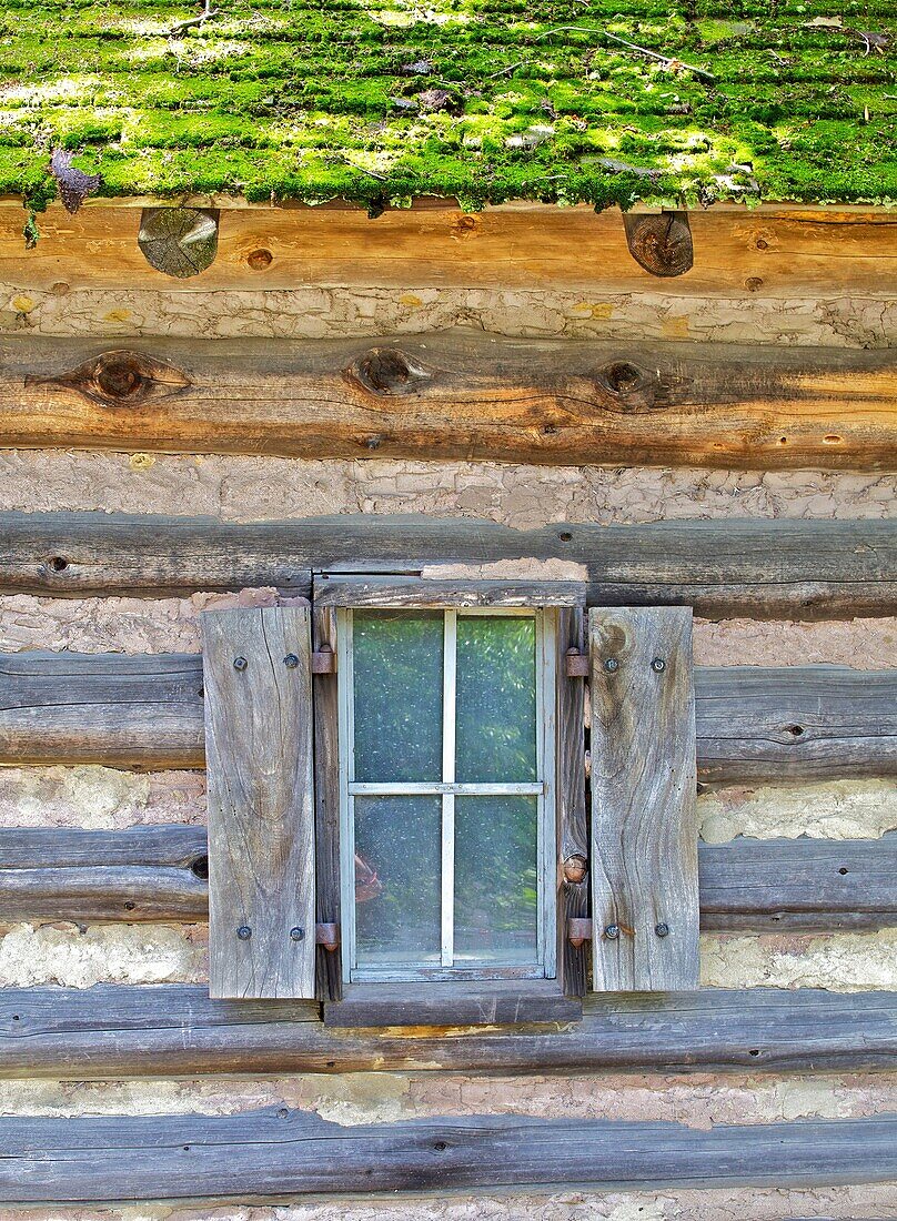 Rustic Natural Wood Window on a Log Cabin with Bright Green Moss on the Roof