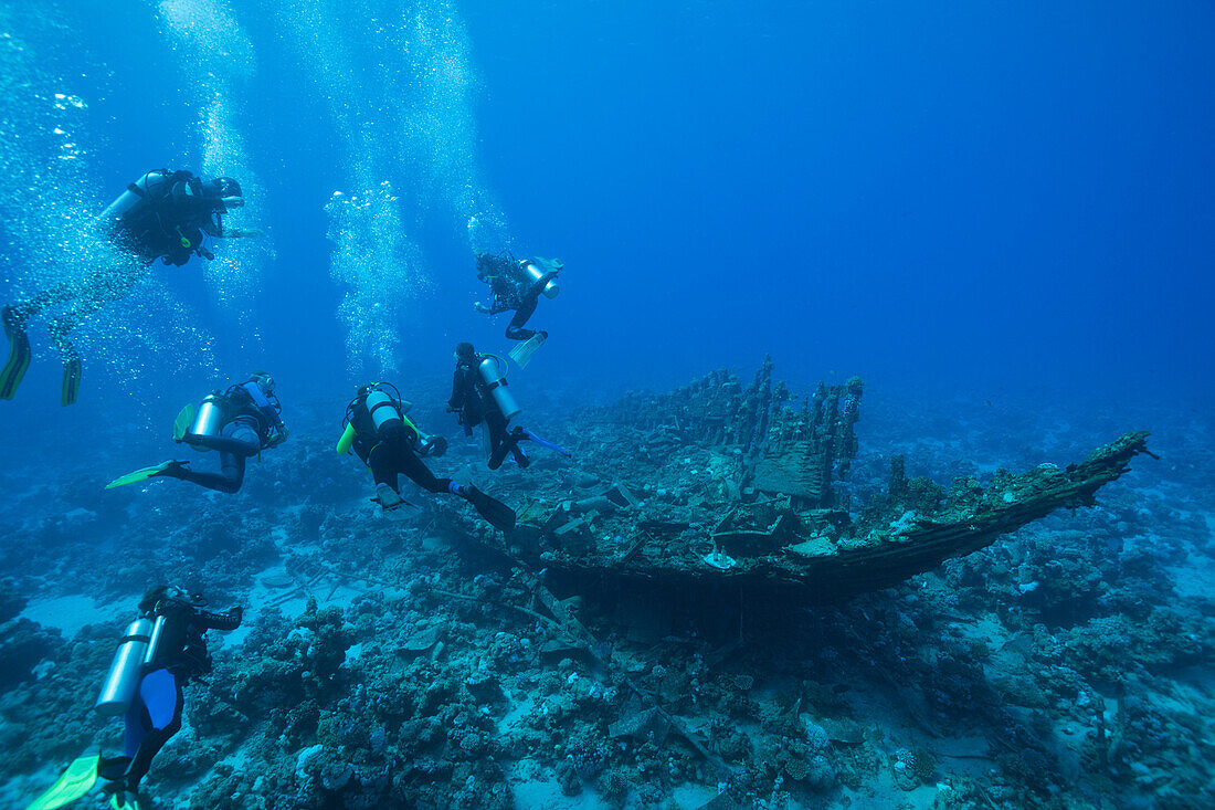 Scuba Diver over Heaven One Wreck, Abu Dabab, Red Sea, Egypt