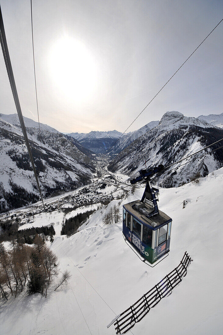 Cable car to Col Helbronner under Mont Blanc with view on Courmayeur, Aosta Valley, Italy