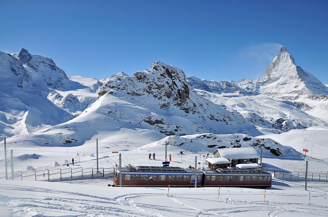 Gornergradbahn with Matterhorn on the Gornergrad, Zermatt ski resort, Valais, Switzerland