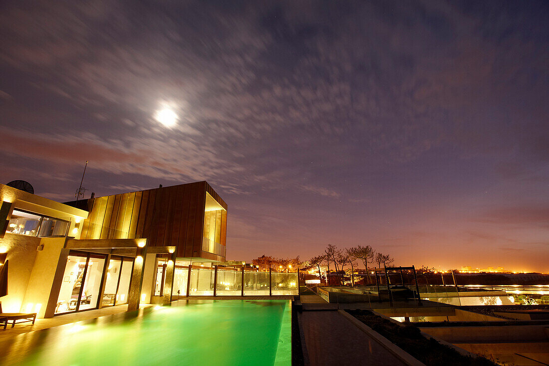 Hotel pool at night during full moon, Hotel Areias do Seixo, Povoa de Penafirme, A-dos-Cunhados, Costa de Prata, Portugal