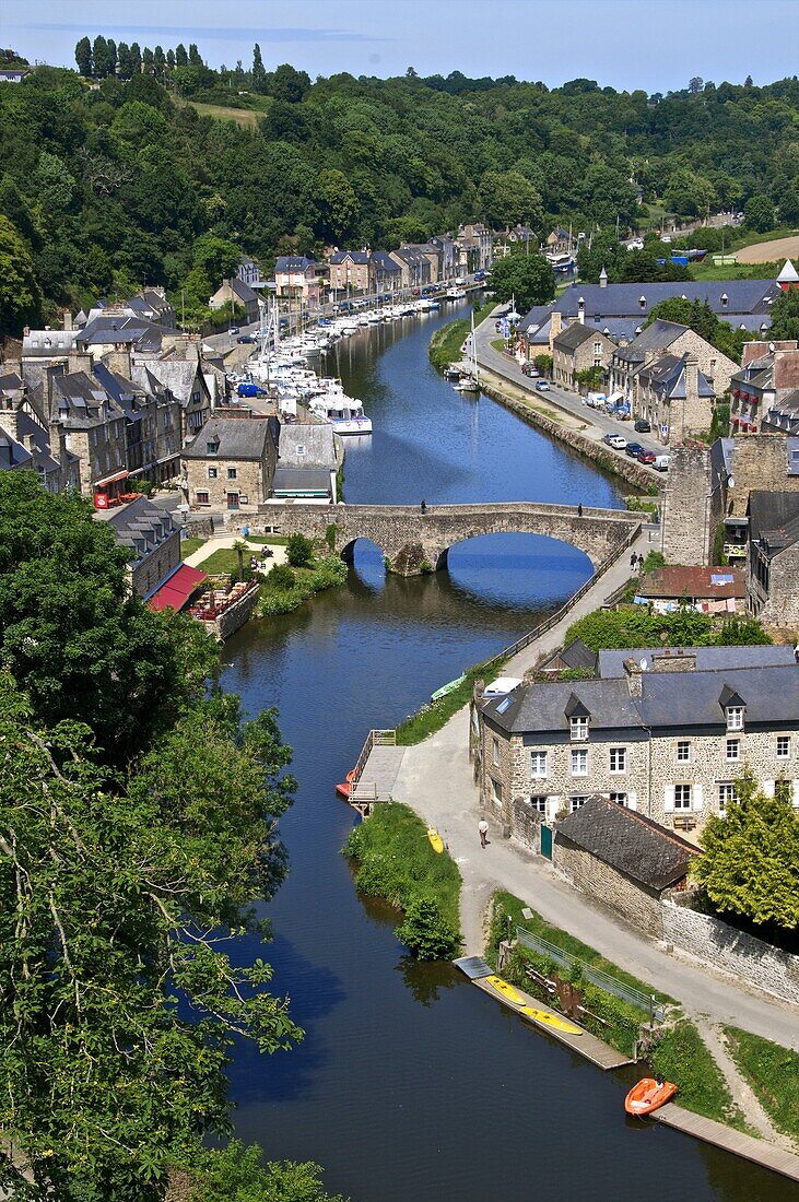 Rance river valley and Dinan harbour with The Stone Bridge over river Rance,Dinan, Cotes d´Armor 22, Brittany, France