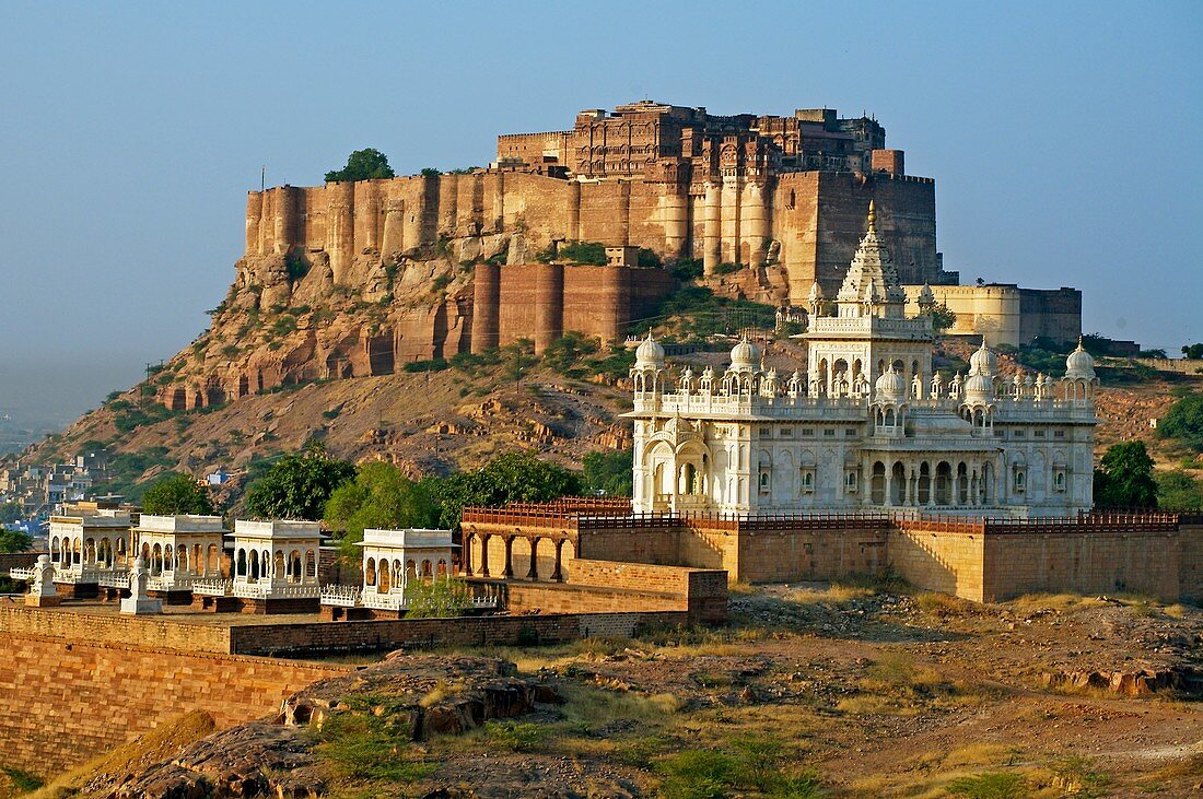 Jaswant Thada Memorial and Meherangarh fort in Jodhpur  Rajasthan  India.