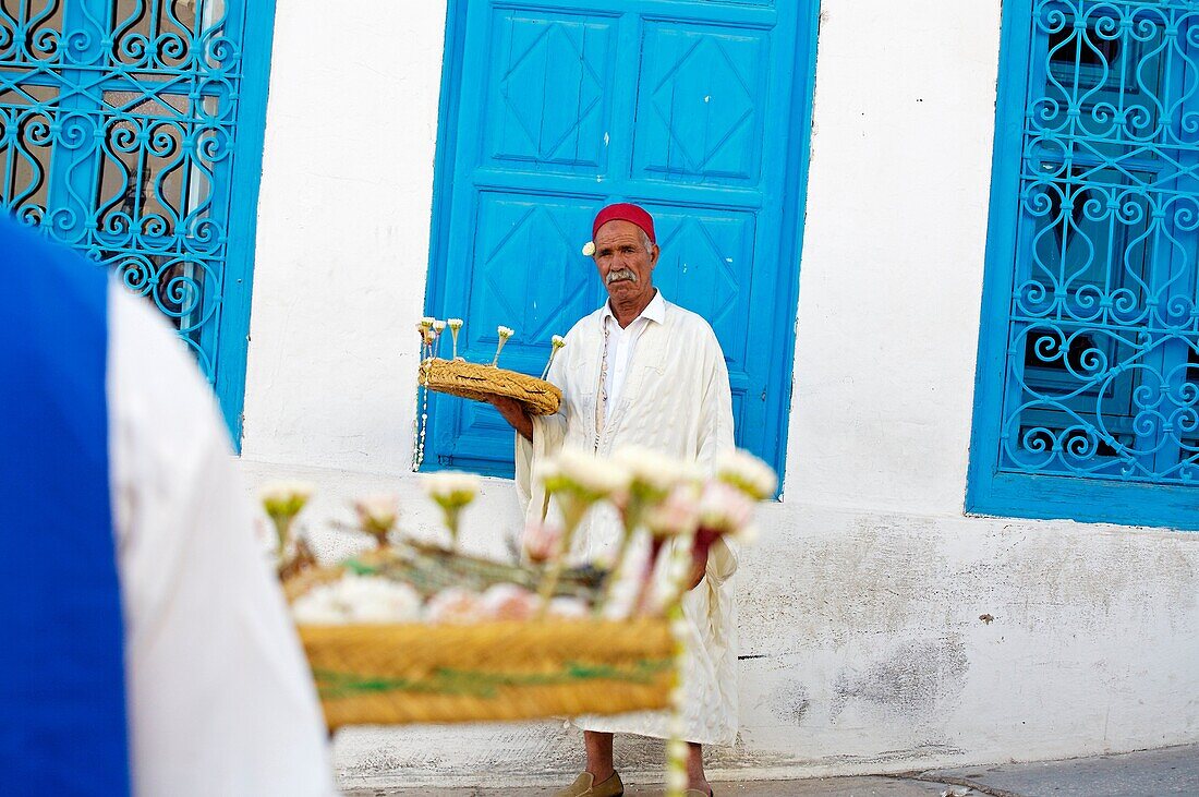 Jasmine seller, village of Sidi Bou Said near Tunis  Tunisia.