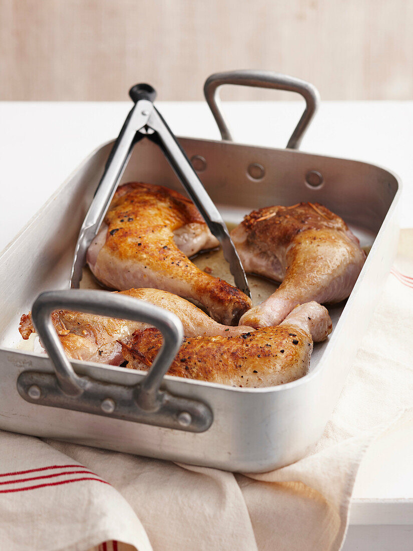 Roast chicken in pan. Roast Chicken Step _ Browning in roasting pan
