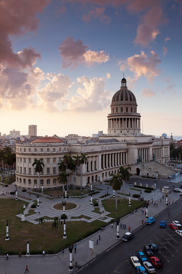 Cuba, Havana, Havana Vieja, elevated view of the Capitolio Nacional, sunset