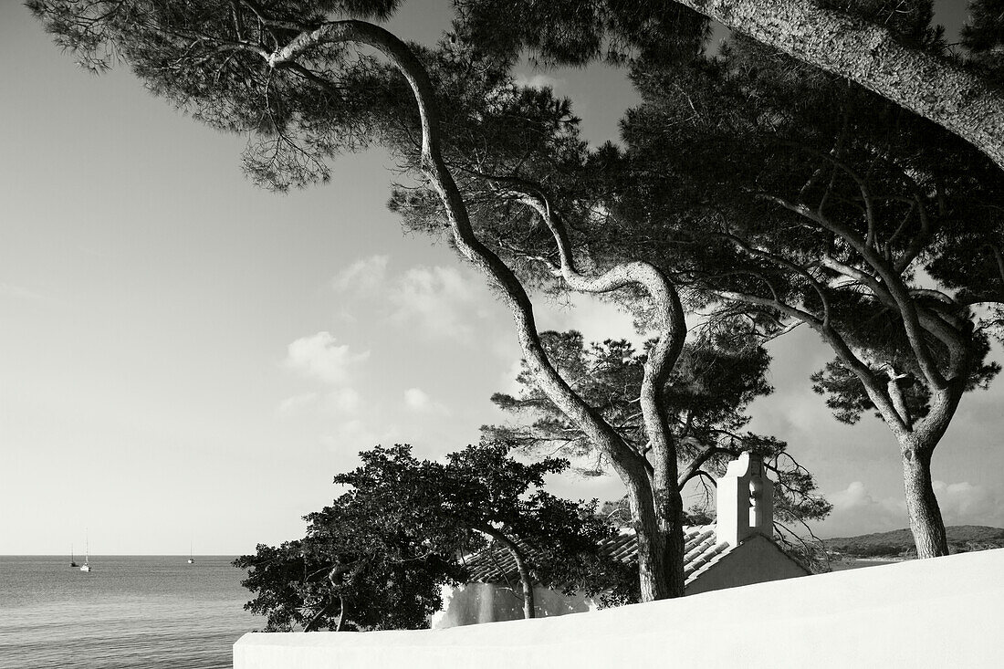 Chapell under the pine trees with a seaside, Golfo di Baratti, near Populonia, Mediterranean Sea, province of Livorno, Tuscany, Italy, Europe