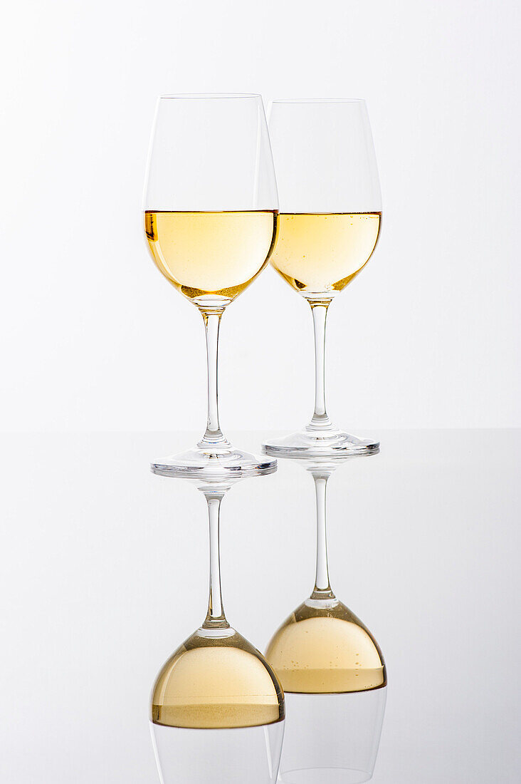 Two glasses of white wine with reflection, Hamburg, Northern Germany, Germany
