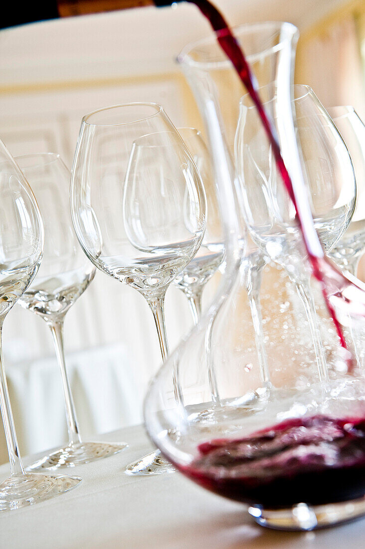 Red wine being poured into a decanter, Red wine glasses, Hamburg, Northern Germany, Germany