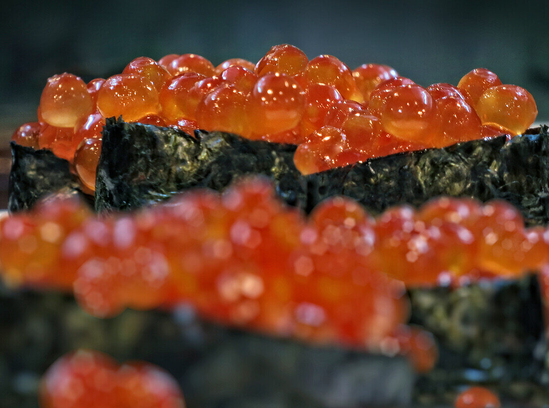 Ikura sushi, Salmon roe sushi in Japanese Restaurant, Tokyo, Japan