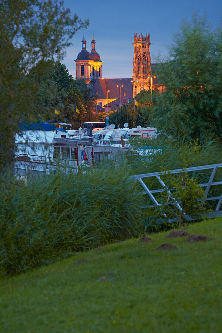 Port de Plaisance of Pont-a-Mousson with church St. Martin and Abbaye des Premontres, Dept. Meurthe-et-Moselle, Region Alsace-Lorraine, France, Europe
