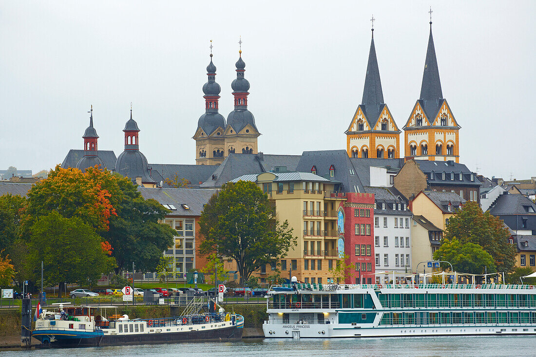 View towards moorings on the river Mosel with St. Florins church (on the right) and Church of Our Lady, Liebfrauenkirche (on the left), Koblenz, Mosel, Rhineland-Palatinate, Germany, Europe