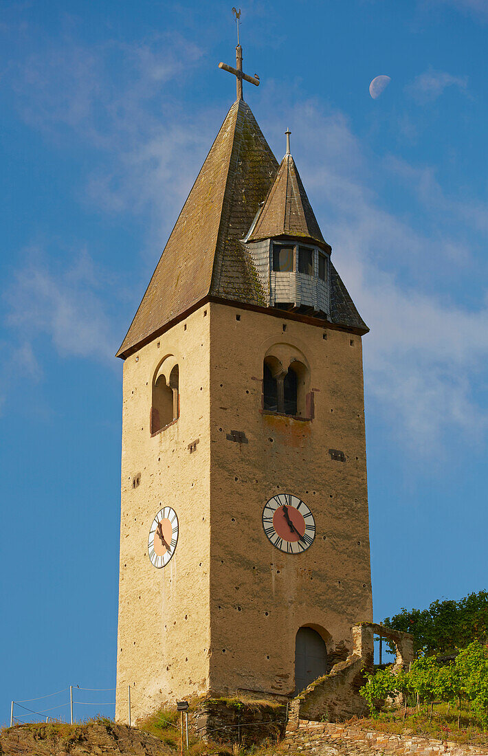 Bell tower with moon in the vineyards of Kobern-Gondorf, Mosel, Rhineland-Palatinate, Germany, Europe