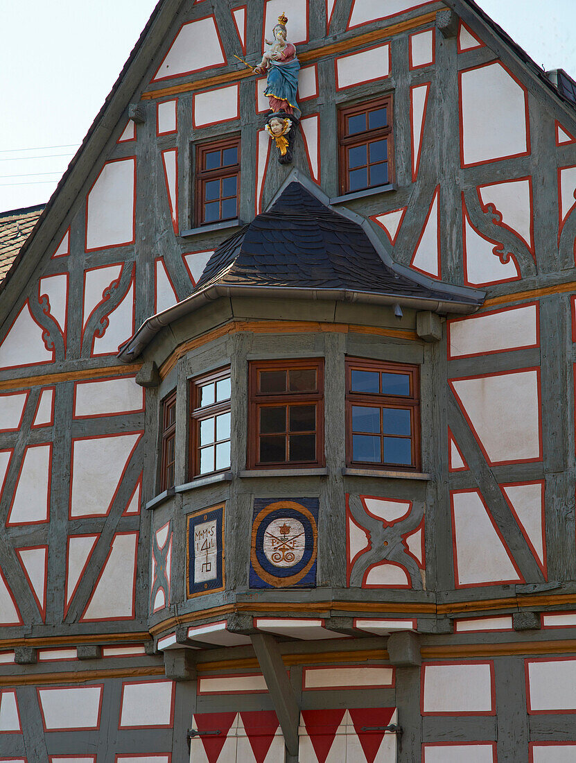 Gemeindemuseum Haus Loer, half-timbered house at Elz, Bay, window, Westerwald, Hesse, Germany, Europe