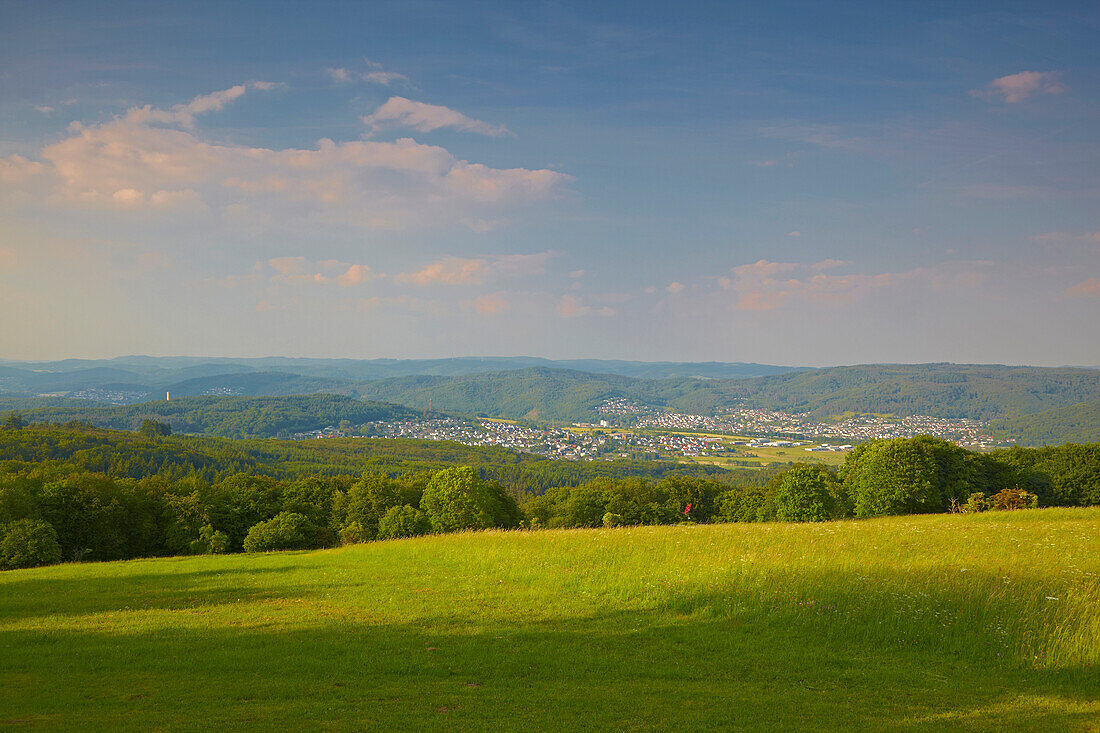 View from Greifenstein over the Westerwald towards Fleisbach (in the foreground) and Sinn (in the background), Hesse, Germany, Europe