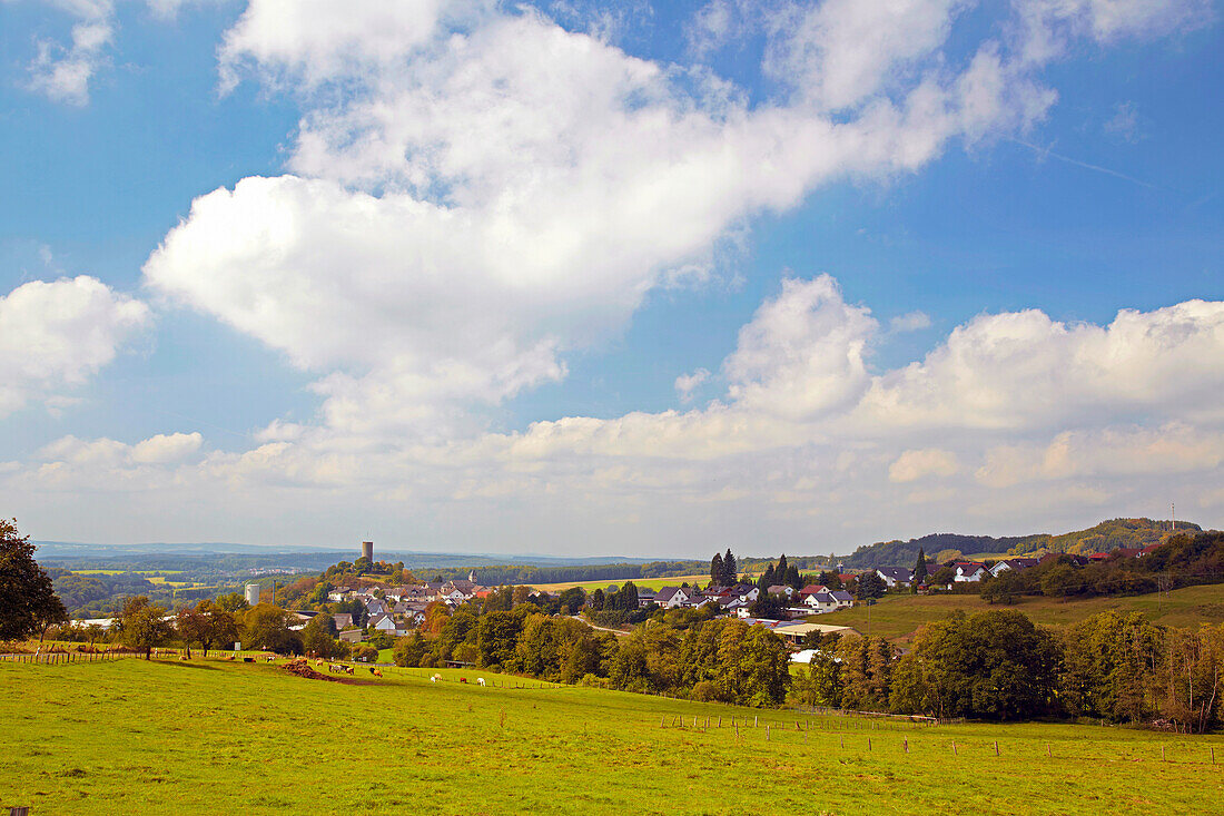 Blick auf Hartenfels mit Burgruine Hartenfels, genannt Schmanddippe, Westerwald, Rheinland-Pfalz, Deutschland, Europa