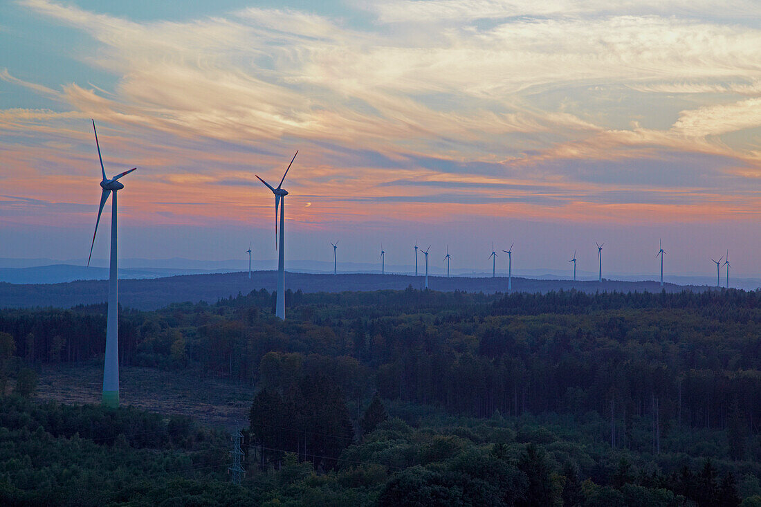 View from Graeberberg to wind turbines on Hartenfelser Kopf at sunset, Westerwald, Rhineland-Palatinate, Germany, Europe