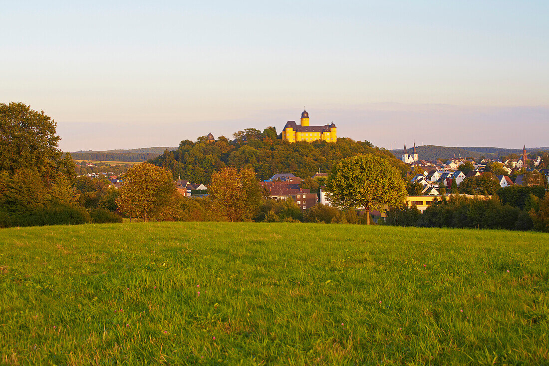 Montabaur castle, Academy of German Cooperative Banks and the church of St. Peter in Ketten, Montabaur, Westerwald, Rhineland-Palatinate, Germany, Europe