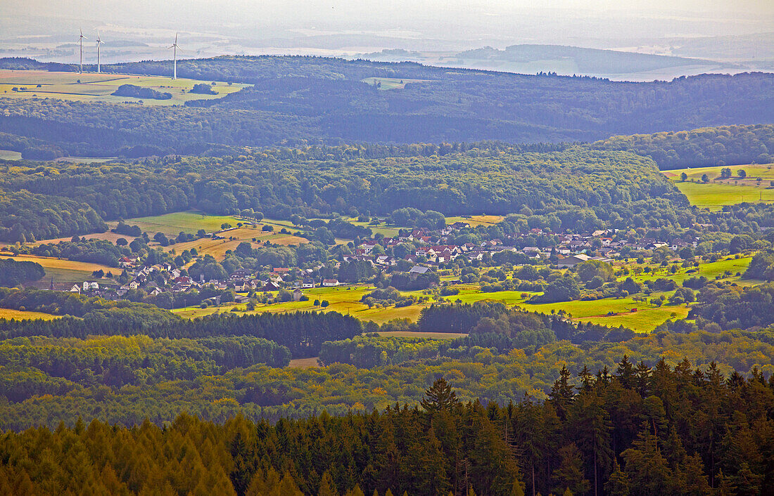 View from the look-out tower at Koeppel at Niederelbert, Westerwald, Rhineland-Palatinate, Germany, Europe