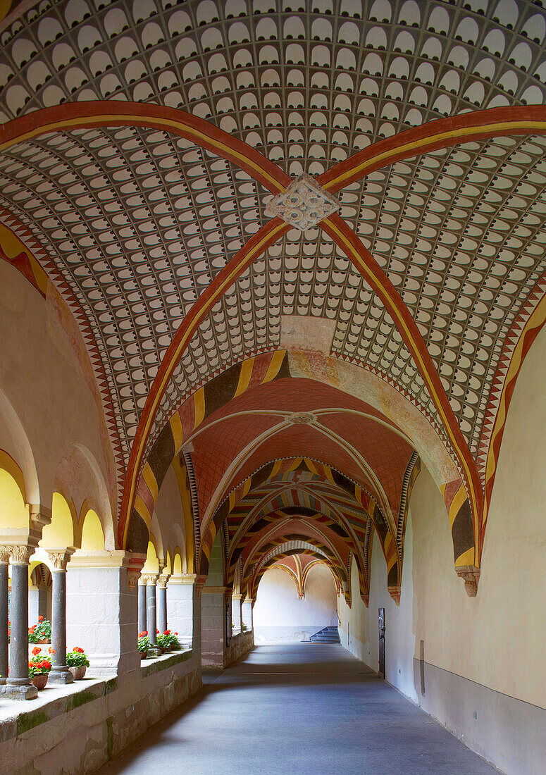 Cloister of former Sayn abbey, Fresco, Sayn, Bendorf-Sayn, Mittelrhein, Rhineland-Palatinate, Germany, Europe