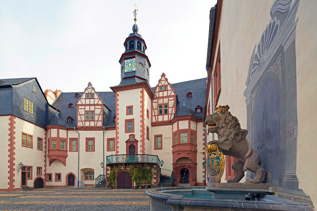 Weilburg castle inner courtyard, fountain with lion, Former residence of the counts of Nassau, Lahn, Weilburg, Westerwald, Taunus, Hesse, Germany, Europe