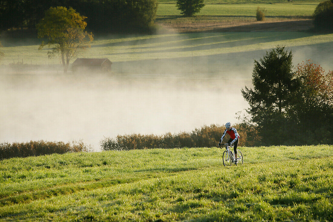 Man cyclocross touring in autumn, Degerndorf, Munsing, Bavaria, Germany