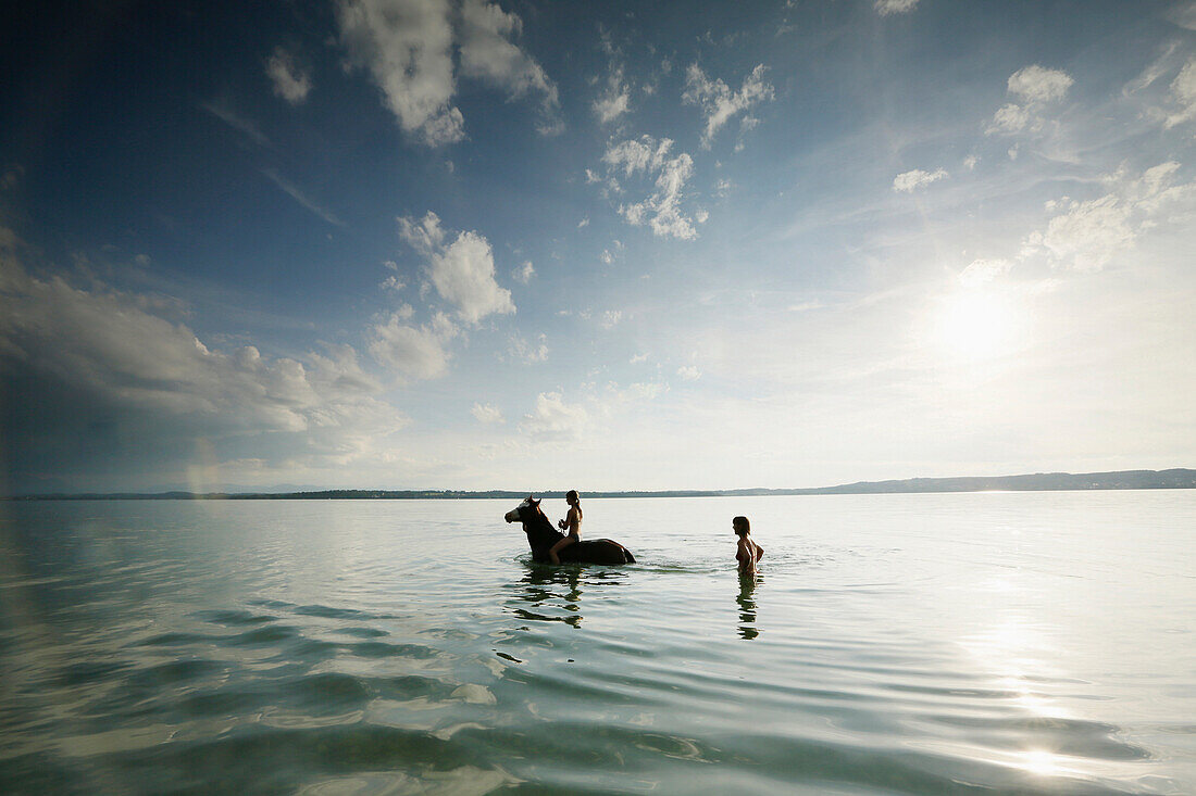 Mädchen auf einem Pferd im Starnberger See, Bayern, Deutschland