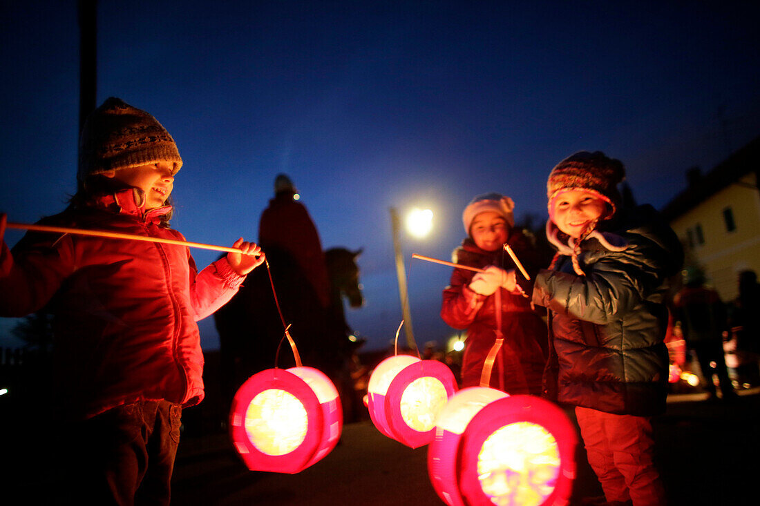 Children with paper lanterns, St. Martin's procession, Degerndorf, Munsing, Bavaria, Germany