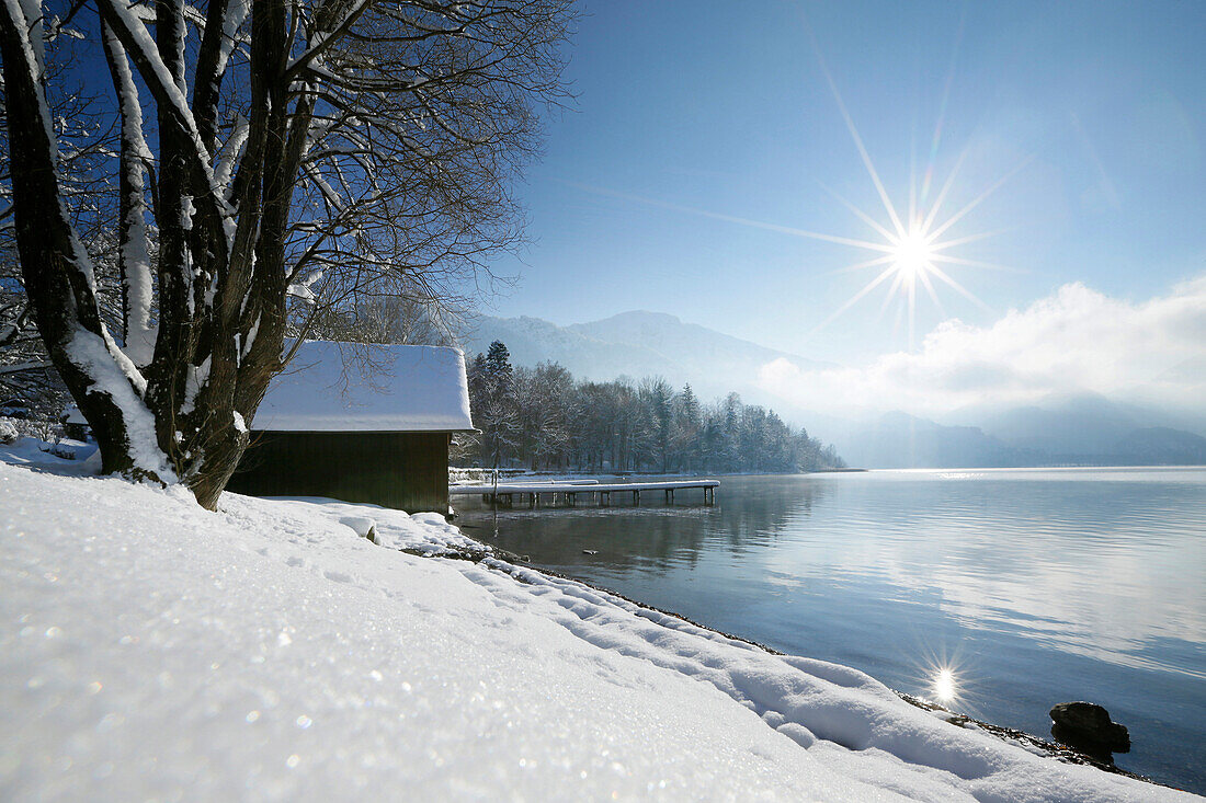 Verschneite Landschaft am Kochelsee, Kochel, Oberbayern, Deutschland