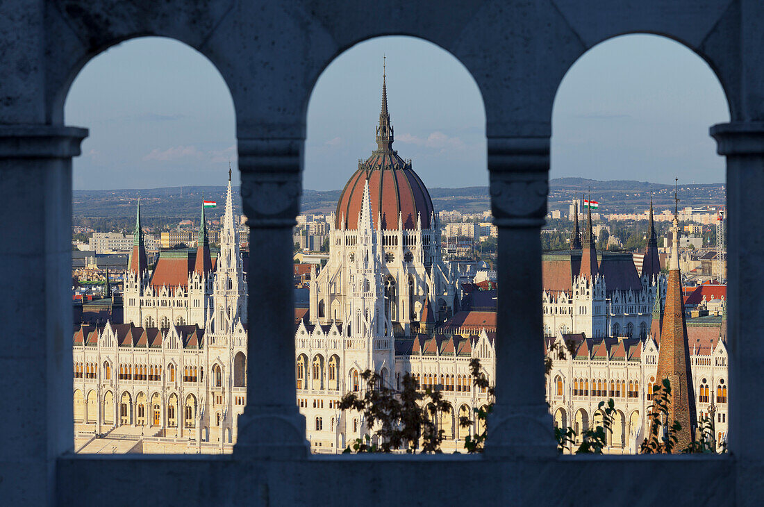 View from the Fishermens Basion onto the Parliamentm, Lajos Kossuth Square, Danube, Budapest, Hungary