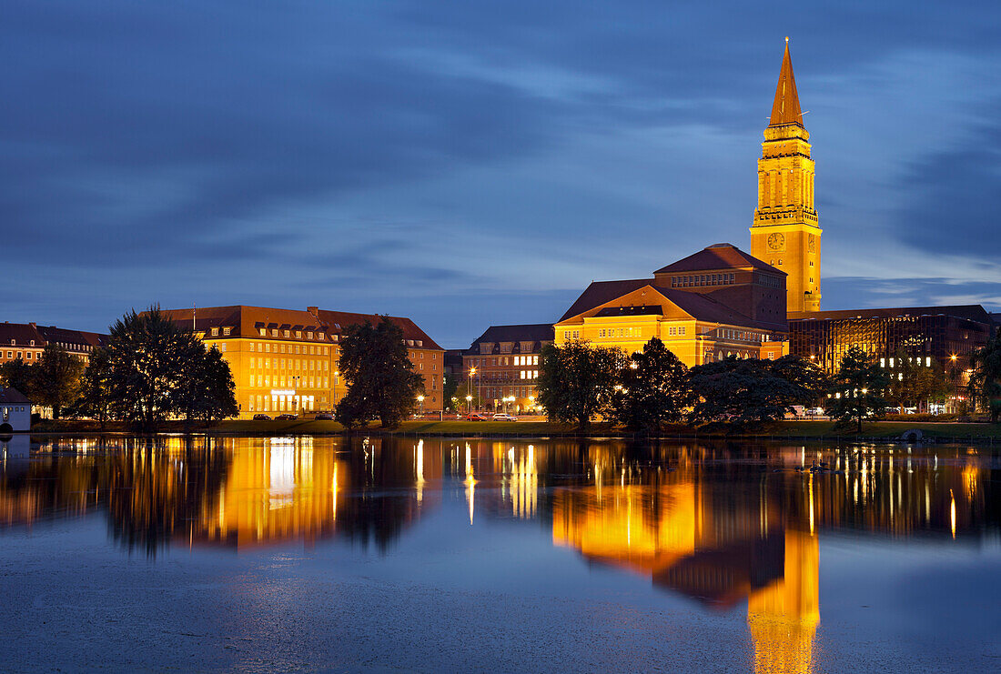 Town hall and opera house at night, Reflection in the water, Kleiner Kiel, Kiel, Schleswig-Holstein, Germany