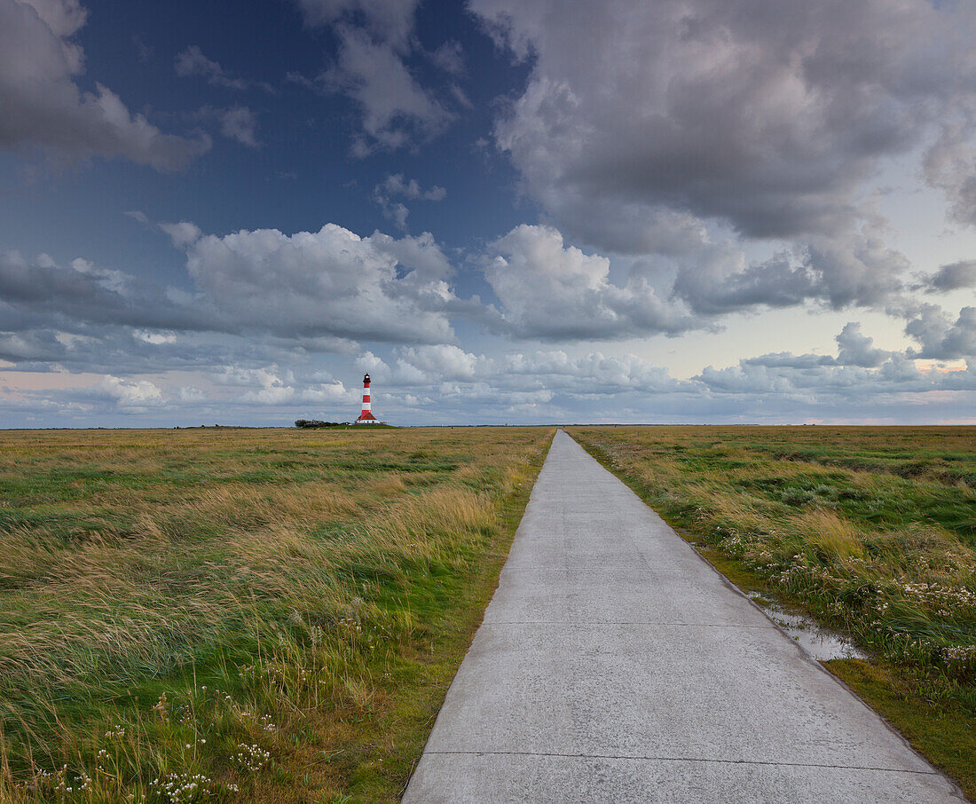 Path leading to Westerhever lighthouse, Westerhever, Schleswig-Holstein, Germany