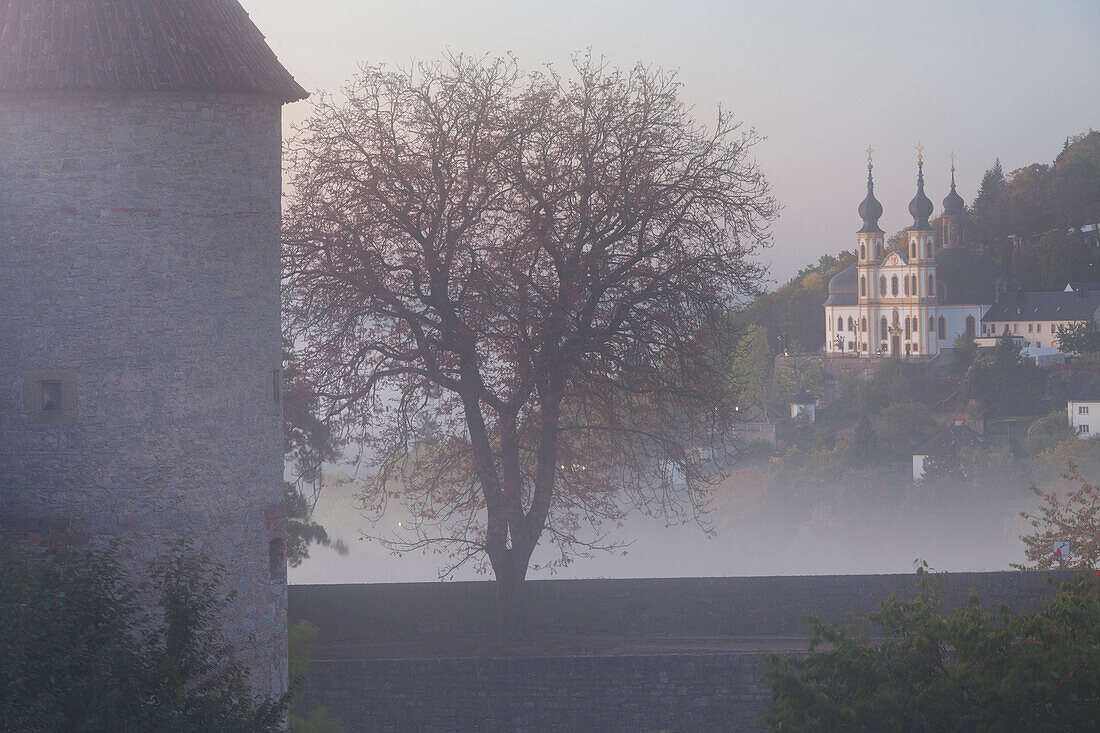 Festung Marienberg im Nebel, Kapunzinerkloster Käppele, Würzburg, Bayern, Deutschland