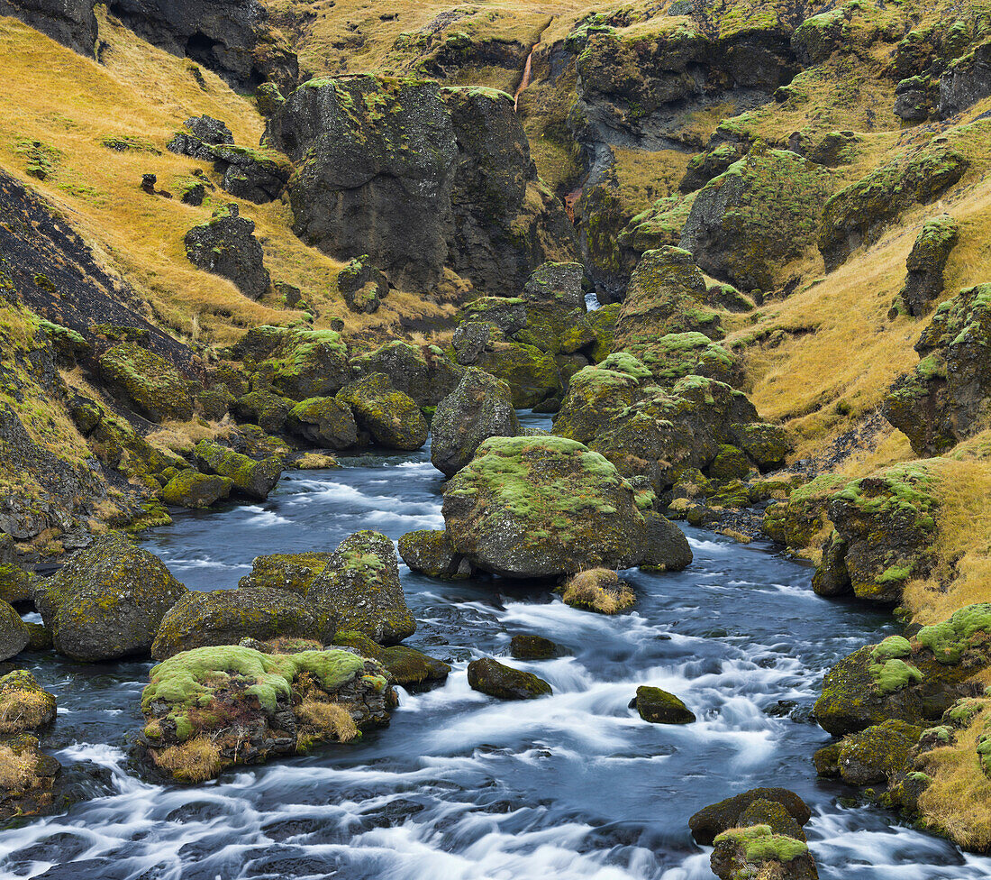Moss covered stones along the Skoga river, South Iceland, Iceland