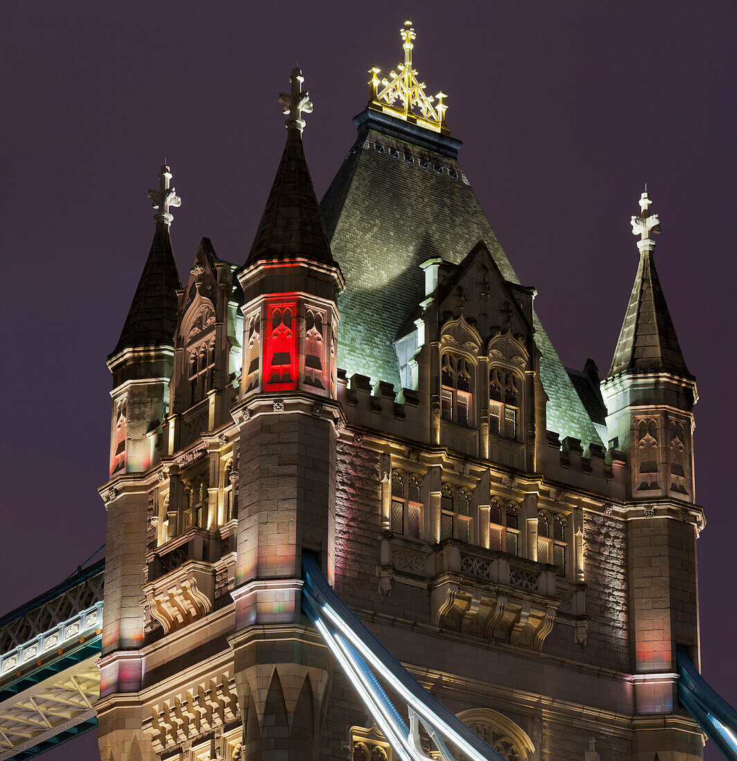 Top of one of the towers of the Tower Bridge at night, London, England