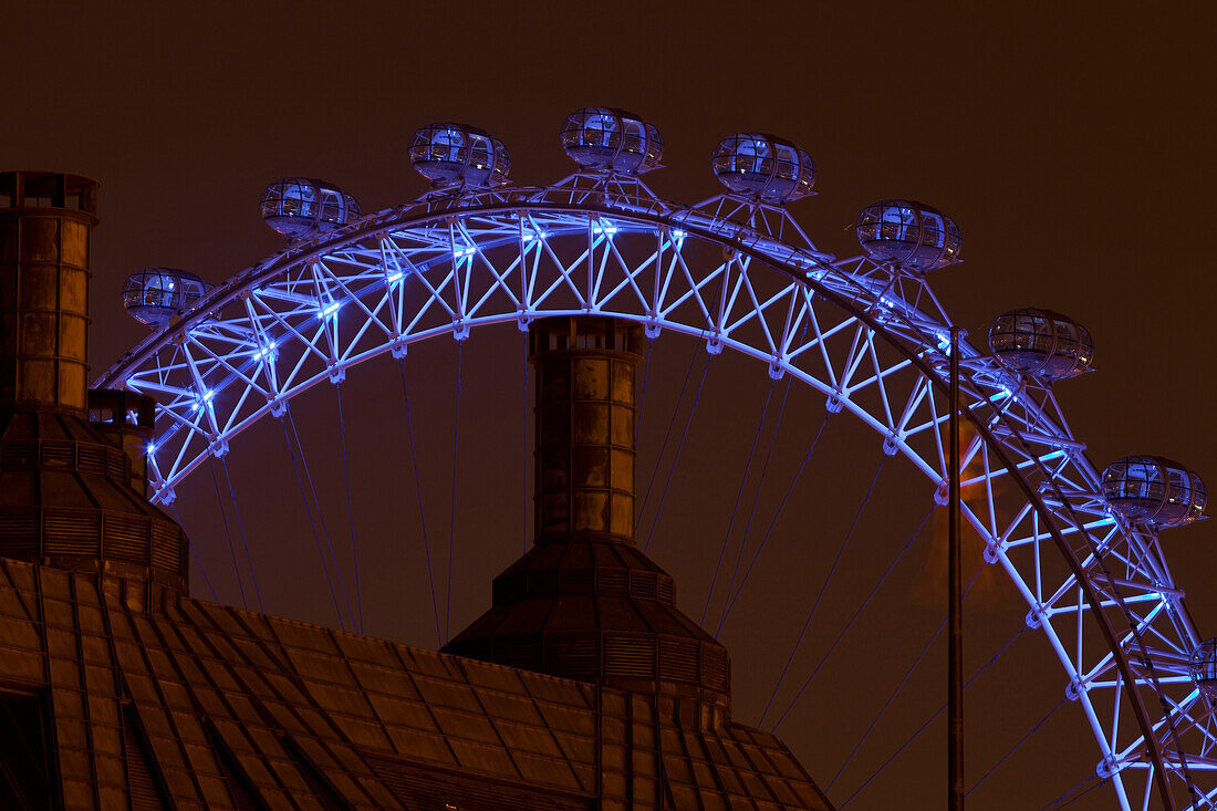 London Eye at night with blue lights, London, England