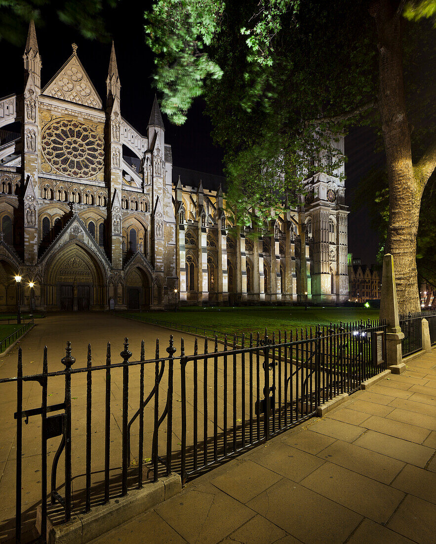 Entrance to the Westminster Abbey at night, London, England