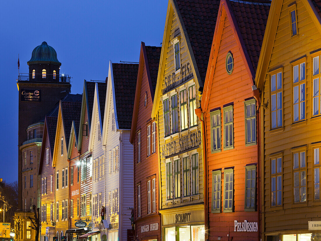 Historical wooden house facades at dusk, Bergen, Hordaland