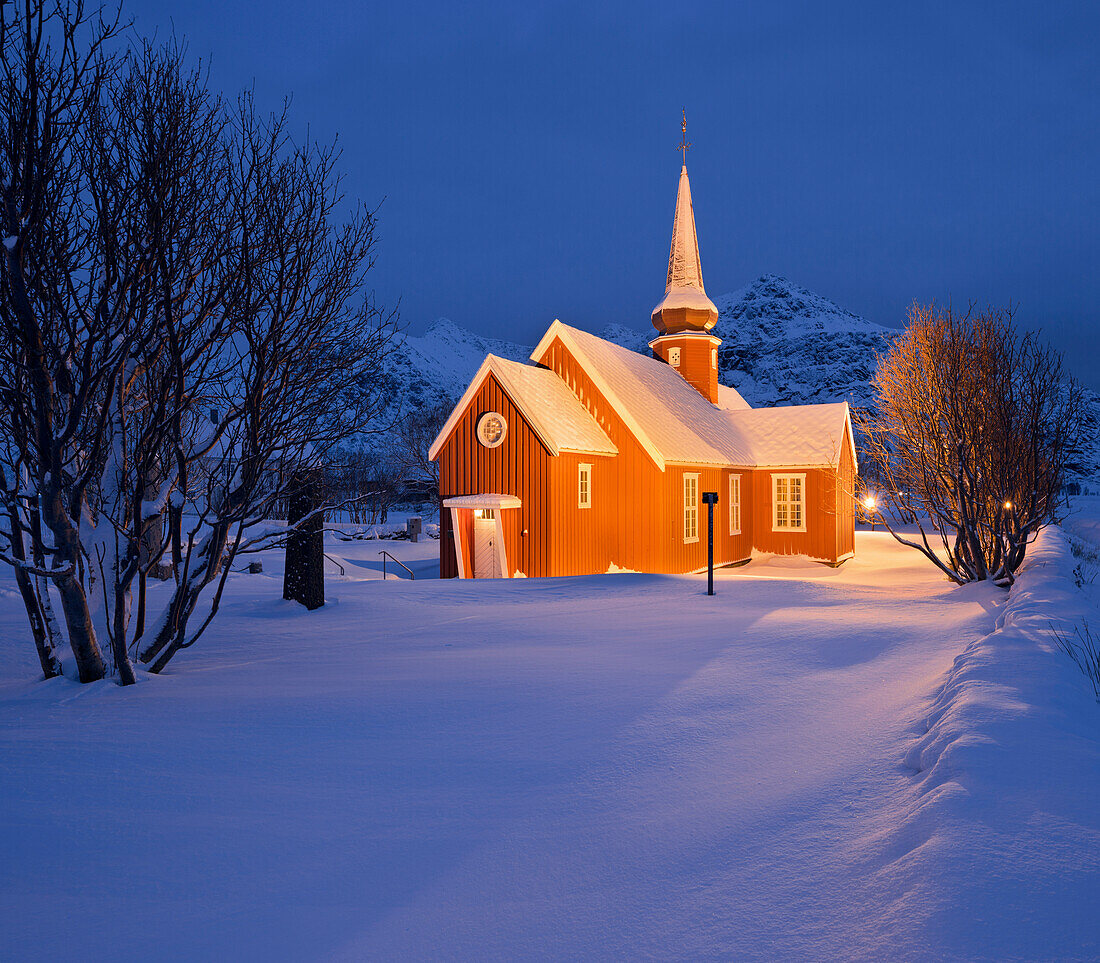 Flakstad church in the evening light, Flakstadoya, Lofoten, Nordland, Norway