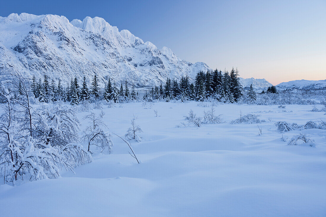 Snowy landscape near Vestpollen, Rulten mountain, Austnesfjorden, Austvagoya, Lofoten, Nordland, Norway