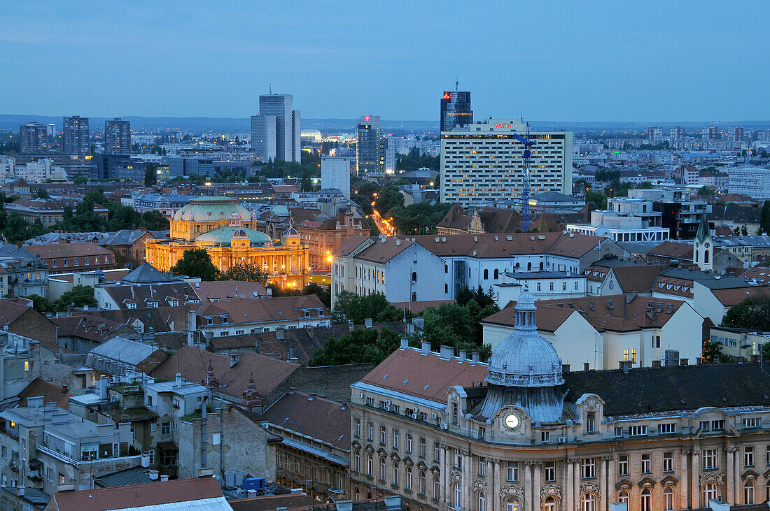 View from upper town to under town with National Theatre, Zagreb, Croatia