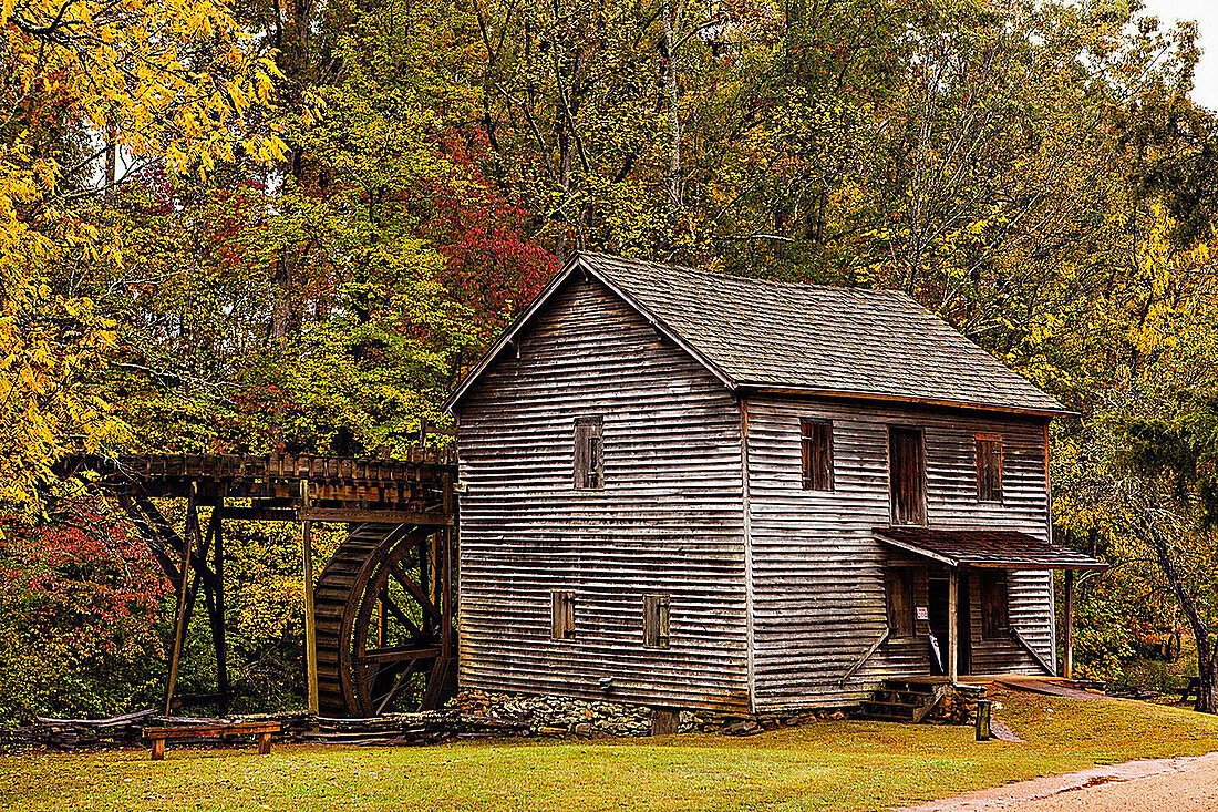 Colorful autumn foliage at Haygood Mill, a working gristmill near Pickens, South Carolina