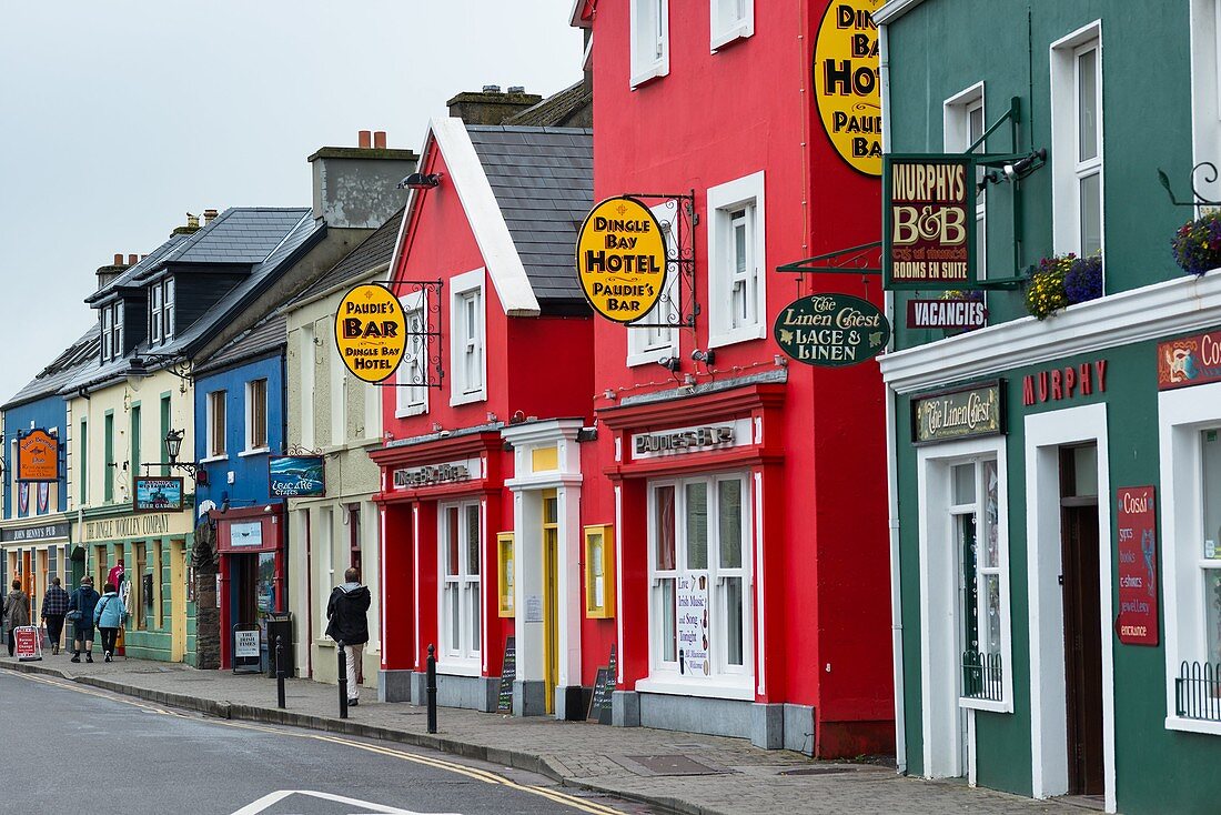 Colourful shops on the main street in Dingle town, Dingle Peninsula, County Kerry, Republic of Ireland