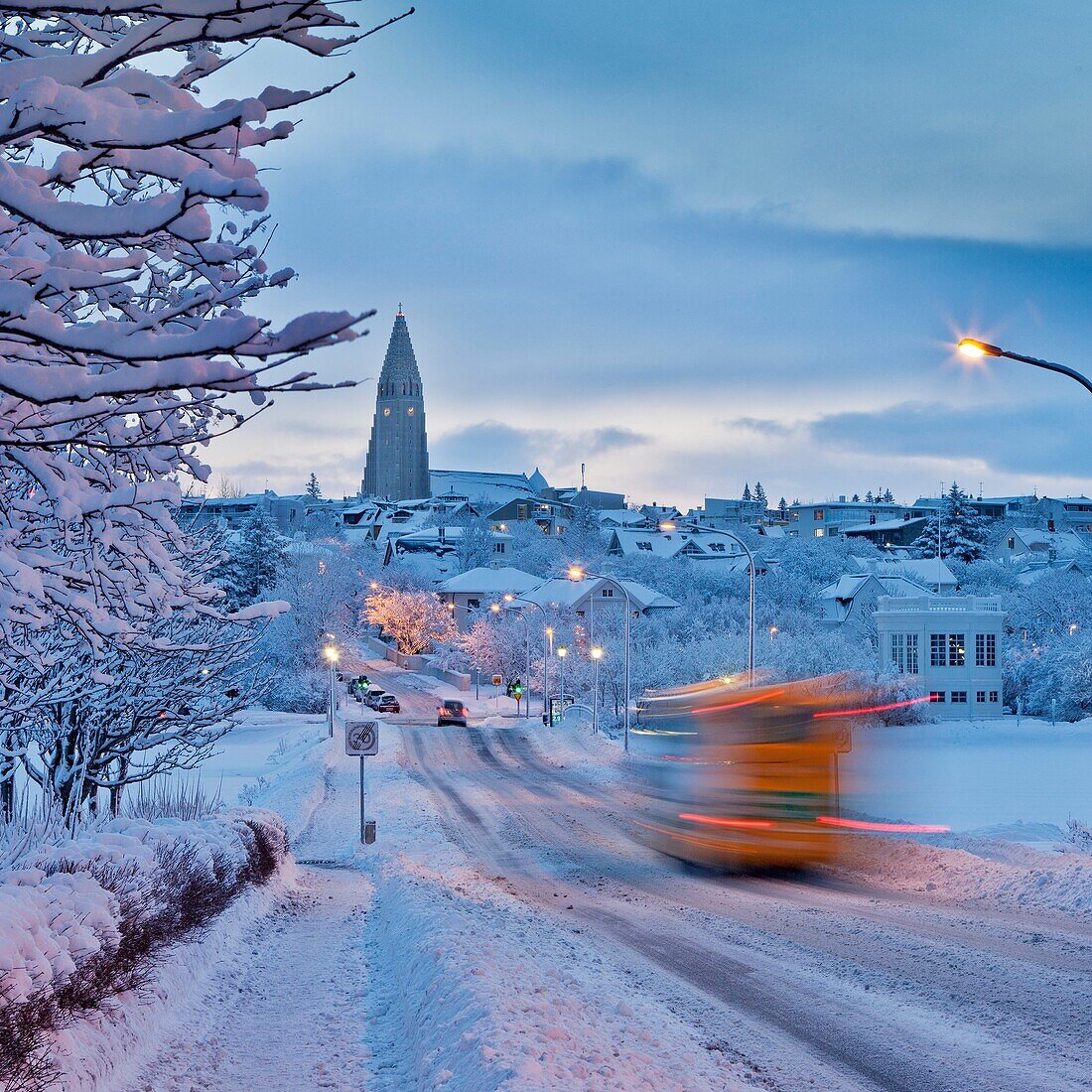 Snowy day Reykjavik, Iceland Hallgrimskirkja church in the distance