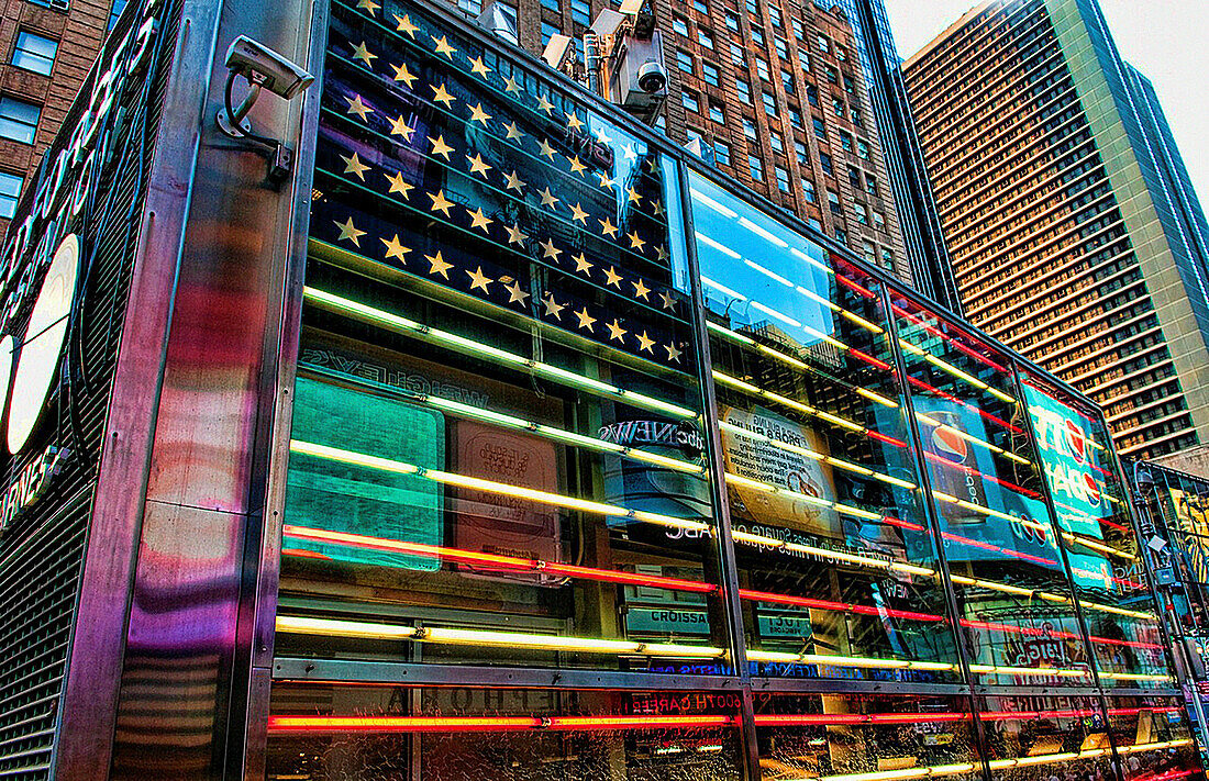 Colorful new neon flag artwork in Times Square in New York City
