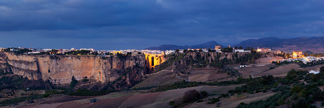 Panorama of the picturesque town of Ronda at twilight, Andalusia, Spain