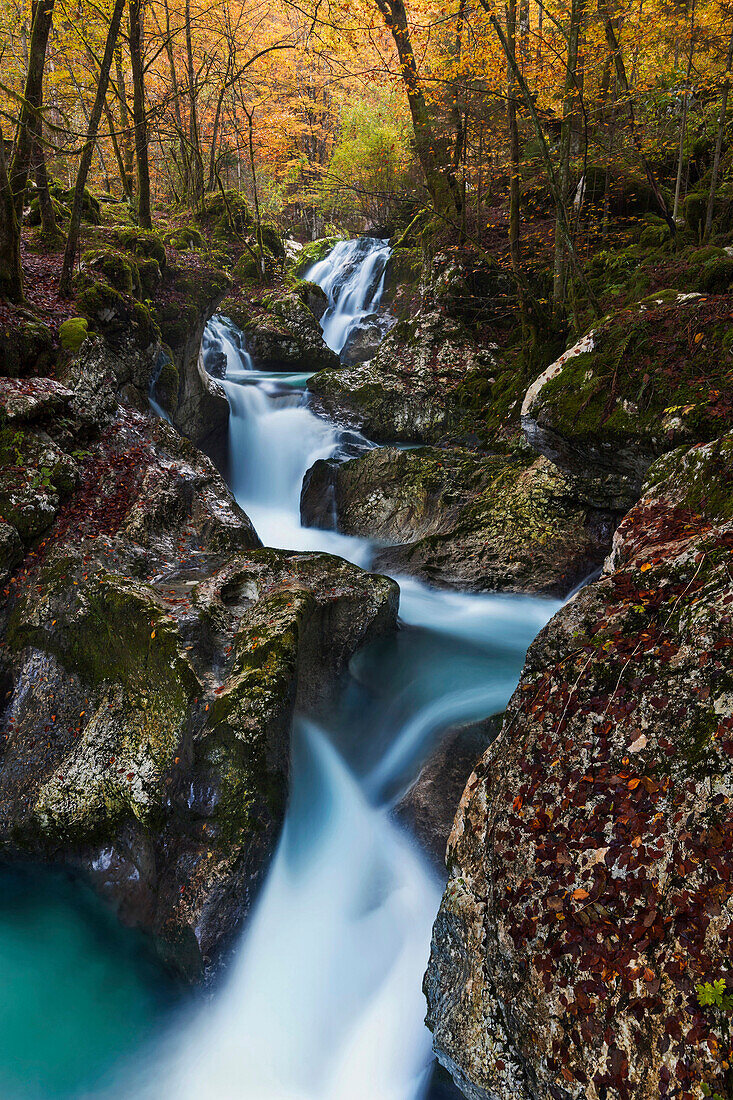 Vielzahl kleiner Kaskaden der Lepenjica, einem Nebenfluss der Soca im Herbst, Gorenjska, Slowenien