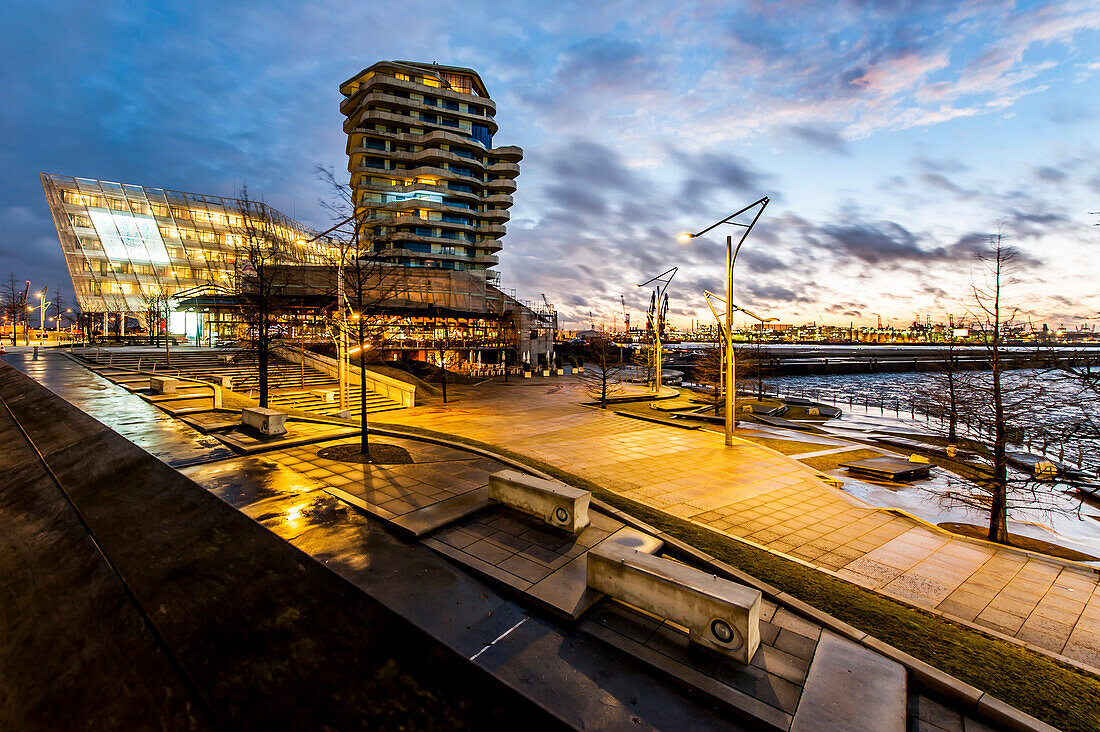 Twilight at Marco-Polo-terrace and Marco-Polo-tower in Hafencity, Hamburg, Germany