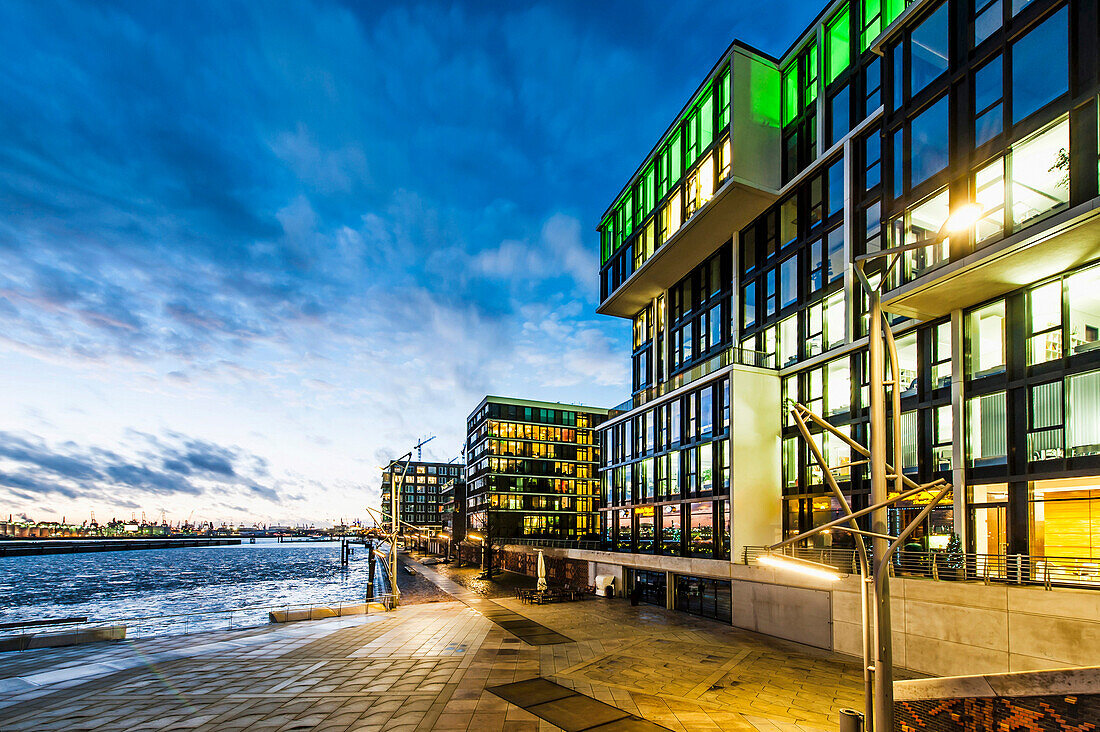 Twilight at Marco-Polo-terrace in Hafencity, Hamburg, Germany